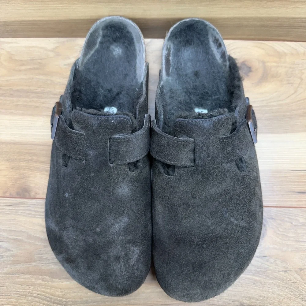 Birkenstock Boston Clogs Fur Lined Mens 10 EU 43 Dark Brown Suede Slip On
